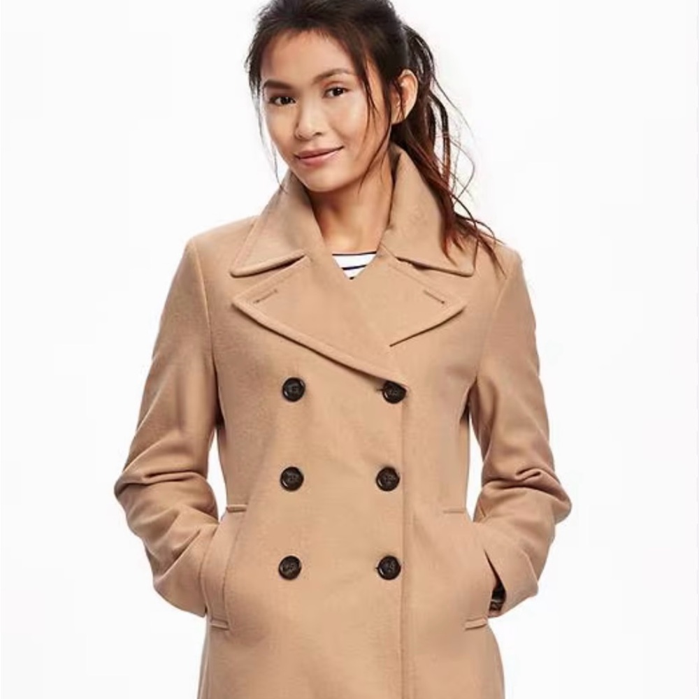 Old Navy Tan Pea Coat with Wide Lapels and Structured Shoulders